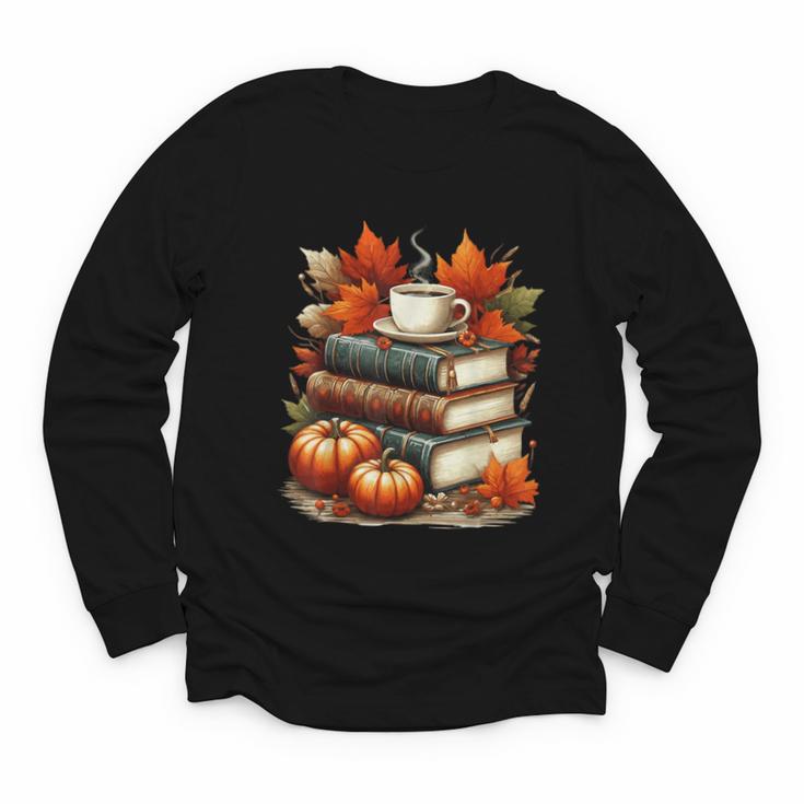 Vintage Autumn Books Coffee Pumpkin Fall Reading Youth Long Sleeve Tee