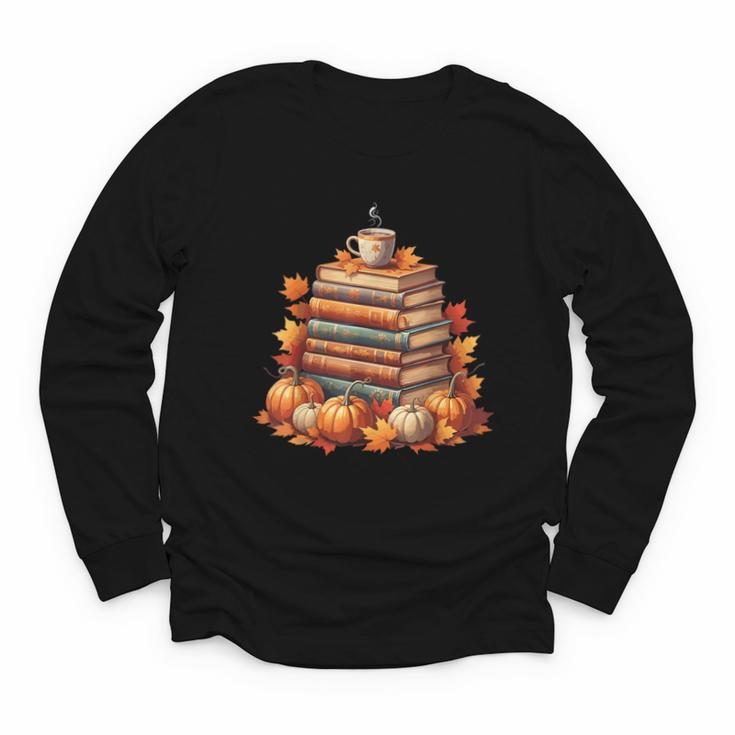 Vintage Autumn Books Pumpkin Coffee Book Lover Reading Youth Long Sleeve Tee