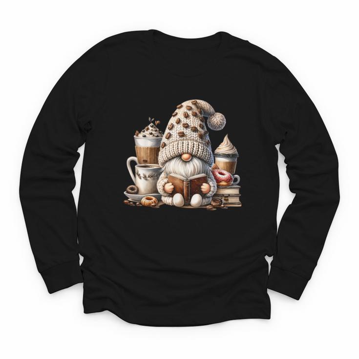 Vintage Cute Gnome Reading Book Coffee Latte Men Women Kids Youth Long Sleeve Tee
