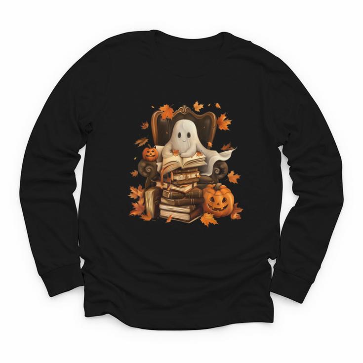 Vintage Ghost Book Reading Pumpkin Gothic Halloween Teachers Youth Long Sleeve Tee