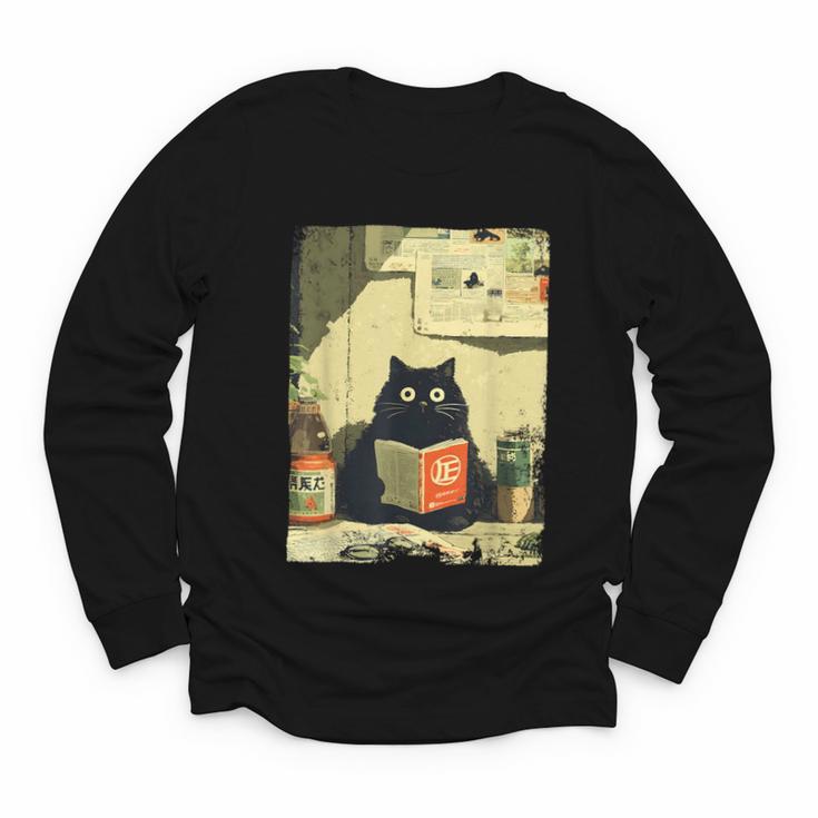 Vintage Japanese Cat Book Lovers Librarian Cat Dad Teacher Youth Long Sleeve Tee