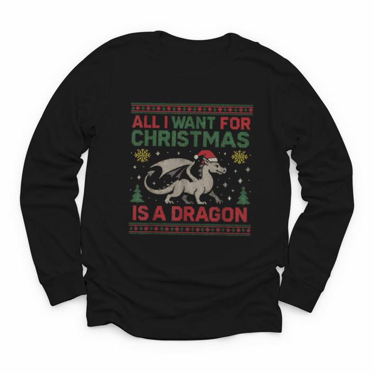 All I Want For Christmas Is A Dragon & Books Ugly Sweater Youth Long Sleeve Tee