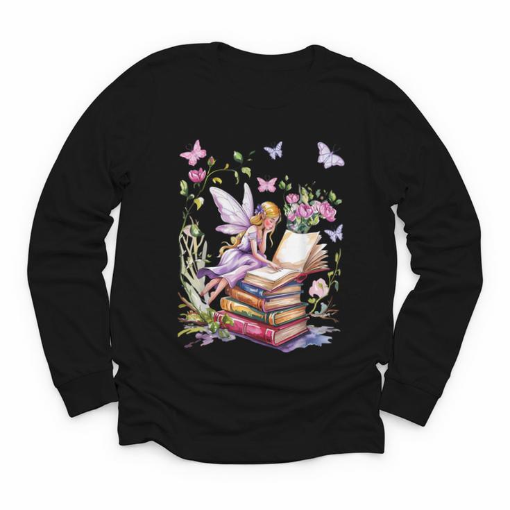 Watercolor Butterfly Fairy Read Book Library Fantasy Novel Youth Long Sleeve Tee
