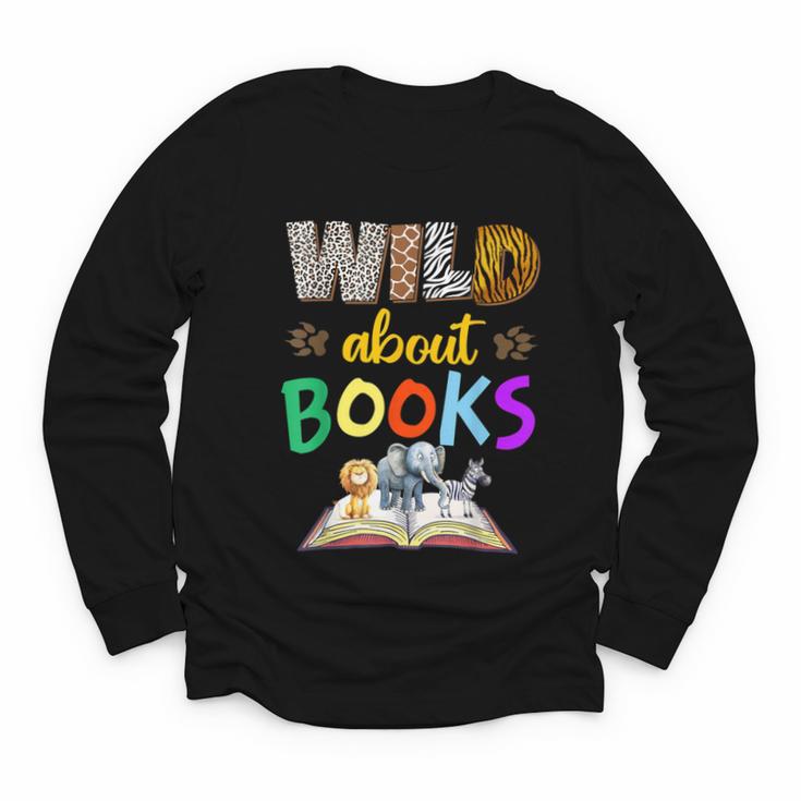 Wild About Reading Books Reader Bookworm Animals Book Lover Youth Long Sleeve Tee