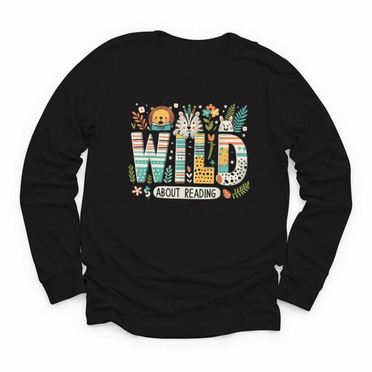 Wild About Reading Bookworm Book Reader Zoo Animals Youth Long Sleeve Tee