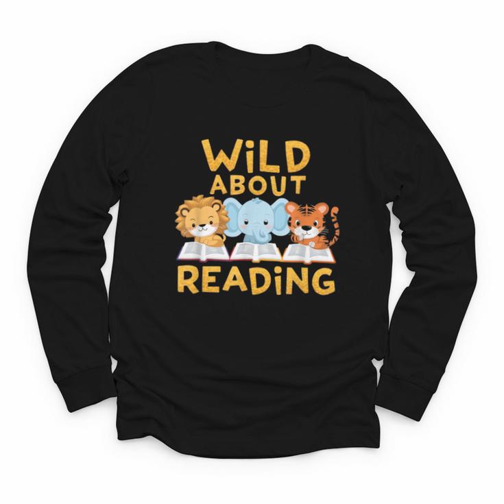 Wild About Reading Cute Animal Book Lover Kids Youth Long Sleeve Tee