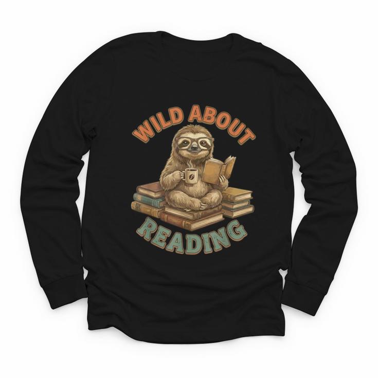 Wild About Reading Sloth Coffee Teacher Book Lover Youth Long Sleeve Tee