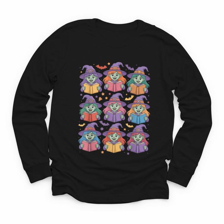 Witches Reading Books Halloween Cute Teens Kids Youth Long Sleeve Tee