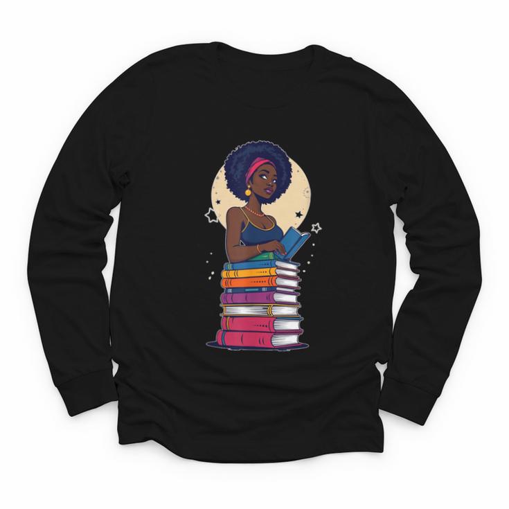 Woman And Books Stack Afro Girl Reading Lover Youth Long Sleeve Tee