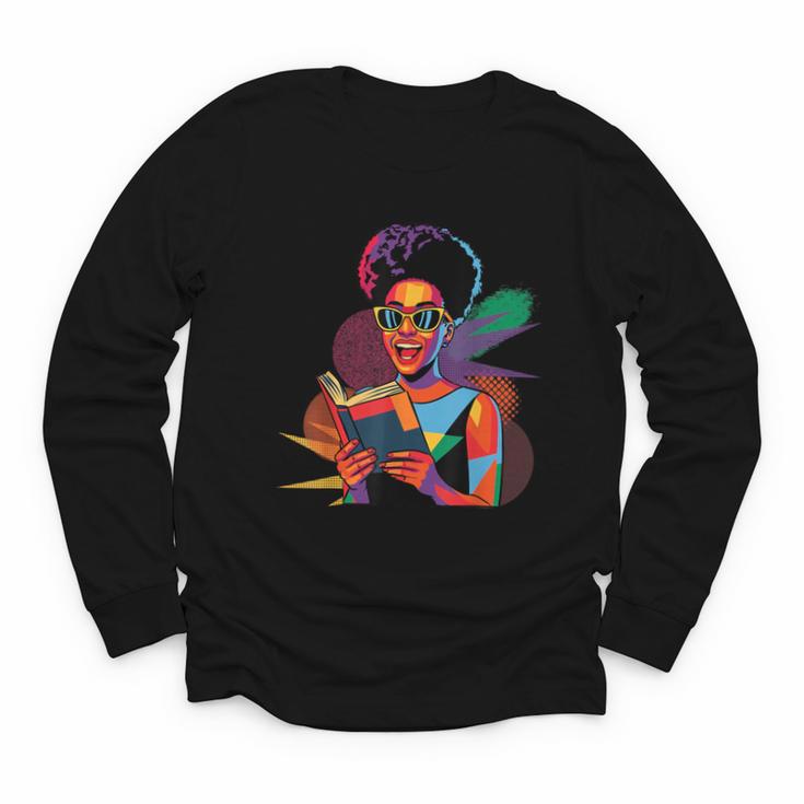 Woman Reading Book Lover Geometric Girl Afro History Youth Long Sleeve Tee