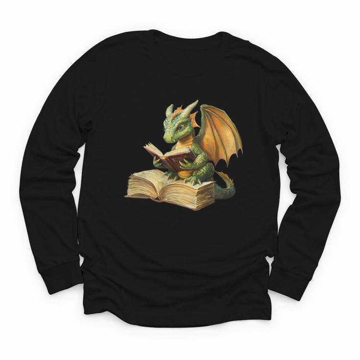 Women's Dragon Bookworm Reading Book Graphic Youth Long Sleeve Tee