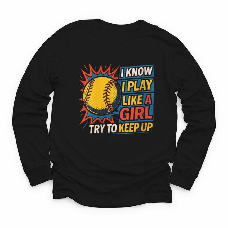 Women's Girls Softball Play Like A Girl Comic Book Pop Art Youth Long Sleeve Tee