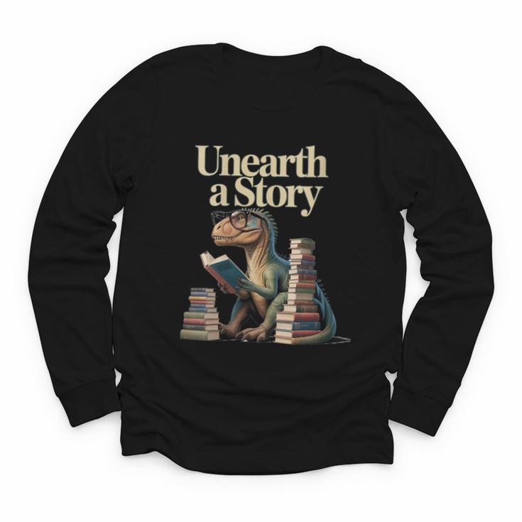 Women's Unearth A Story Dinosaur Reading a Library Book Youth Long Sleeve Tee
