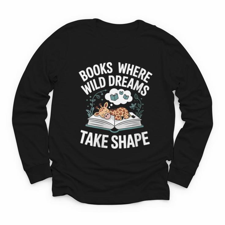 Women's Wild Dreams Reading Giraffe Book Reader Zoo Animals Kids Youth Long Sleeve Tee