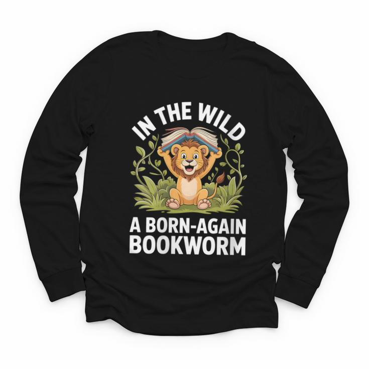 Women's Wild About Reading Book Reader Lion Zoo Animals Kids Youth Long Sleeve Tee