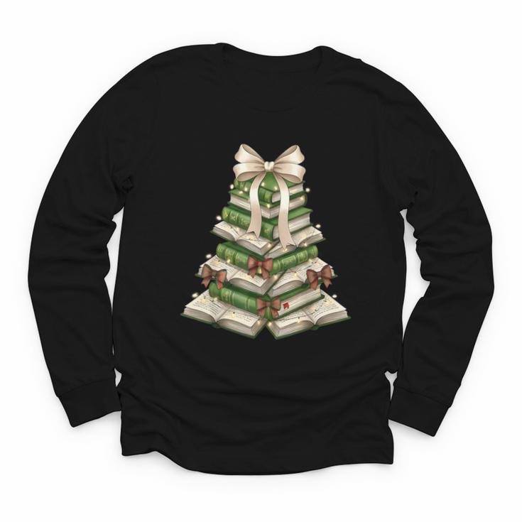 Xmas Tree Books Merry Christmas Coquette Bow Teacher Holiday Youth Long Sleeve Tee