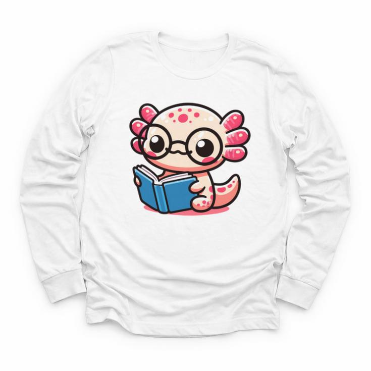 Adorable Book Lover Axolotl With Reading Glasses Cute Youth Long Sleeve Tee