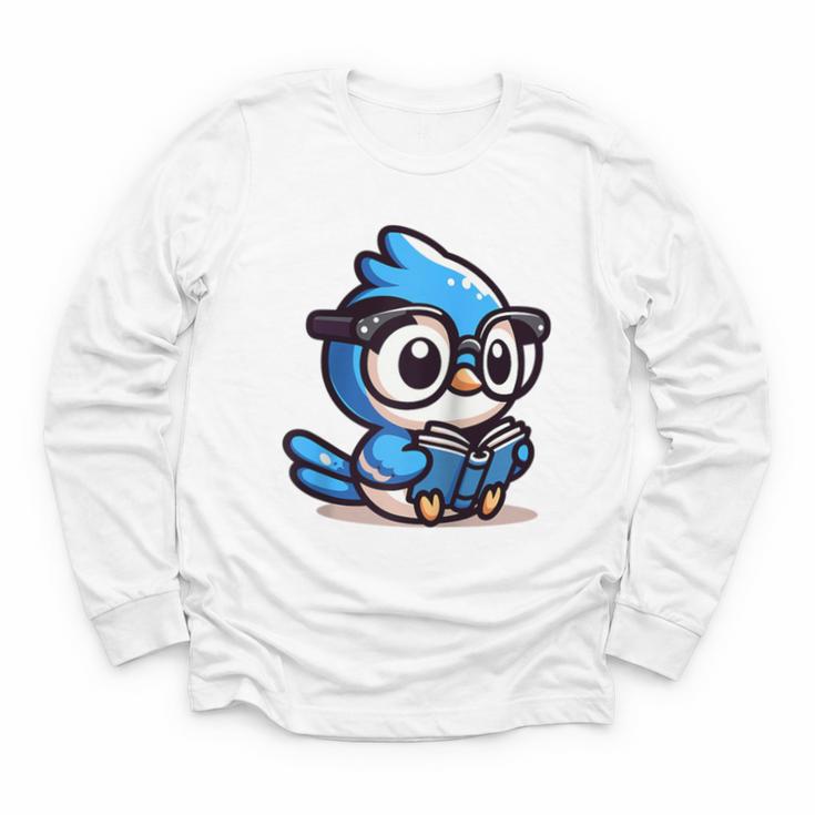 Adorable Book Lover Blue Jay With Reading Glasses Cute Raglan Baseball Tee Youth Long Sleeve Tee