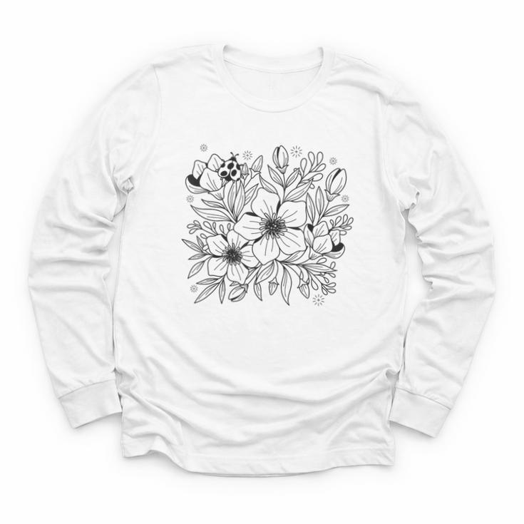 Adult Coloring Book Style Flowers And Ladybug Self Coloring Youth Long Sleeve Tee
