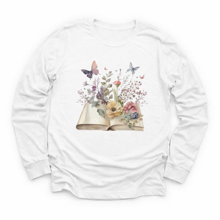 Book Flowers And Butterfly Beautiful Reading Reader Graphic Youth Long Sleeve Tee