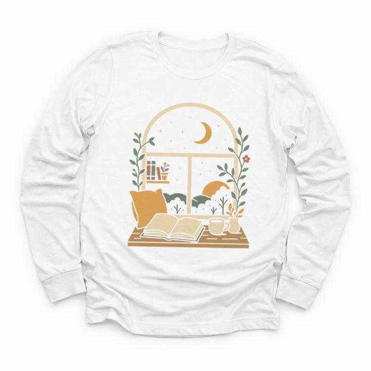 Book Lover Moonlight Reading Scene Night Youth Long Sleeve Tee