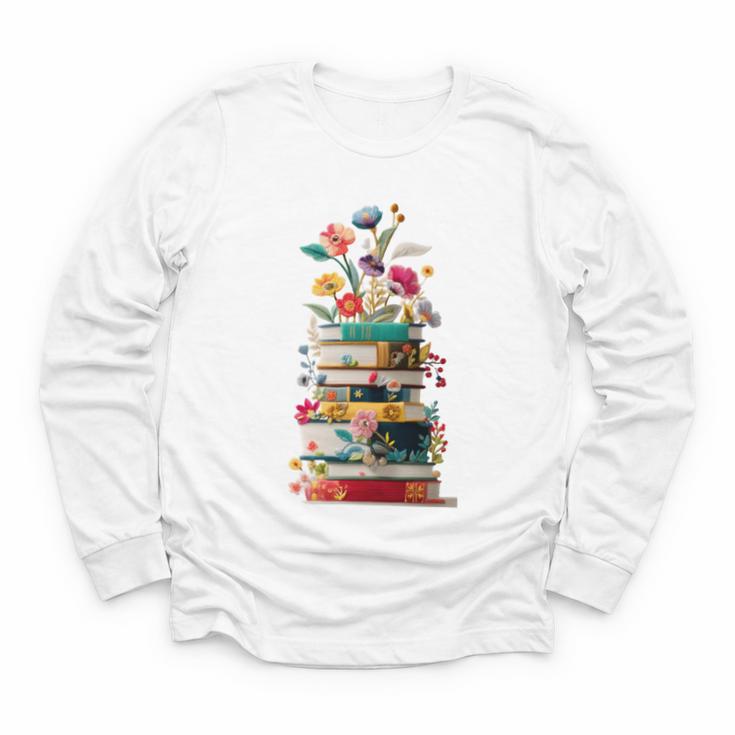 Book Stack With Flowers Reading Lover Bookish Youth Long Sleeve Tee