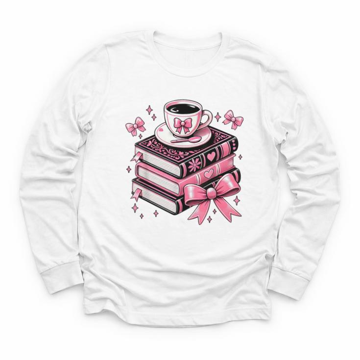 All Booked For Valentine's Teacher Coquette Bow Coffee Book Youth Long Sleeve Tee
