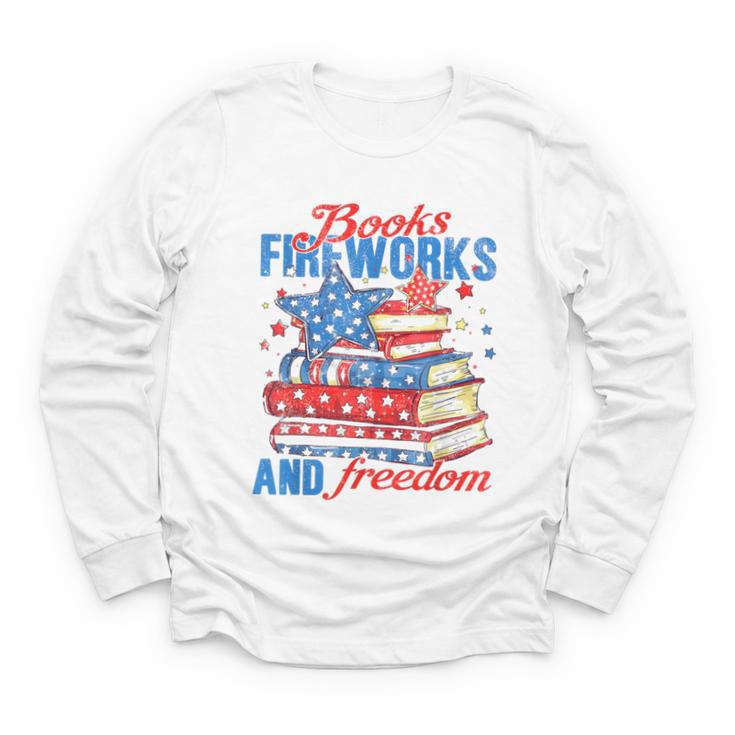 Books Fireworks And Freedom 4th Of July Book Lover Youth Long Sleeve Tee