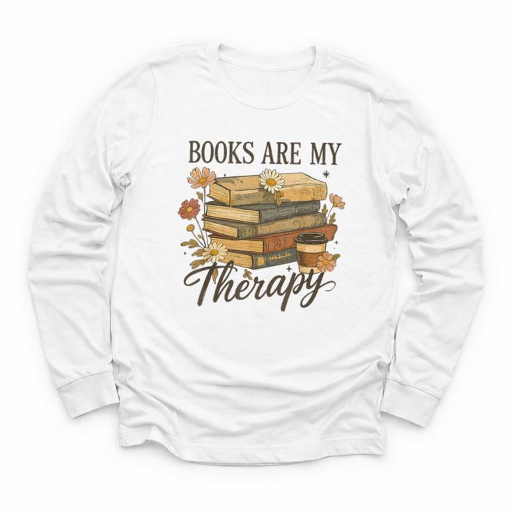 Books Are My Therapy Vintage Book Lover Daisy Art Youth Long Sleeve Tee
