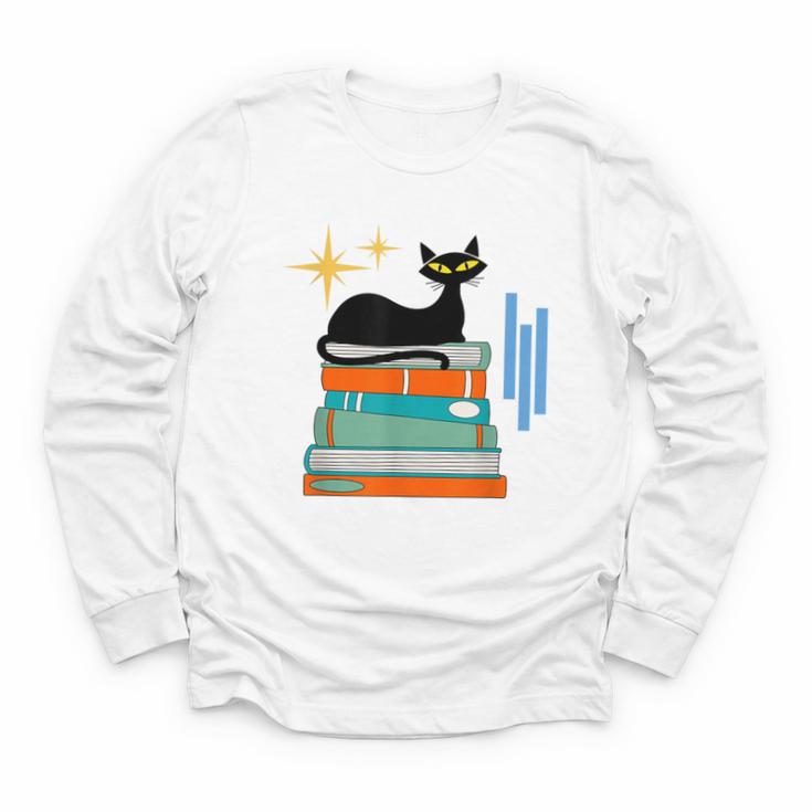 Cat And Books Retro Midcentury Mid Century Aesthetic Youth Long Sleeve Tee