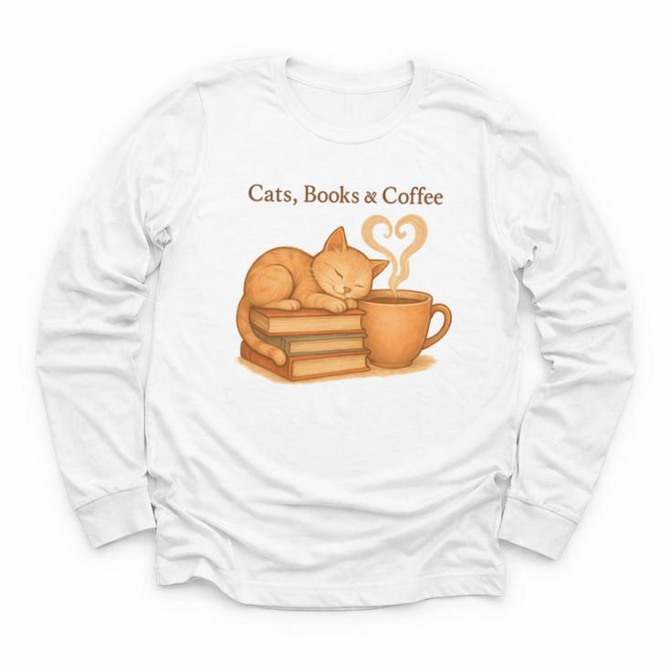 Cats Books And Coffee Heart Cozy Cat Lover Bookworm Readers Youth Long Sleeve Tee