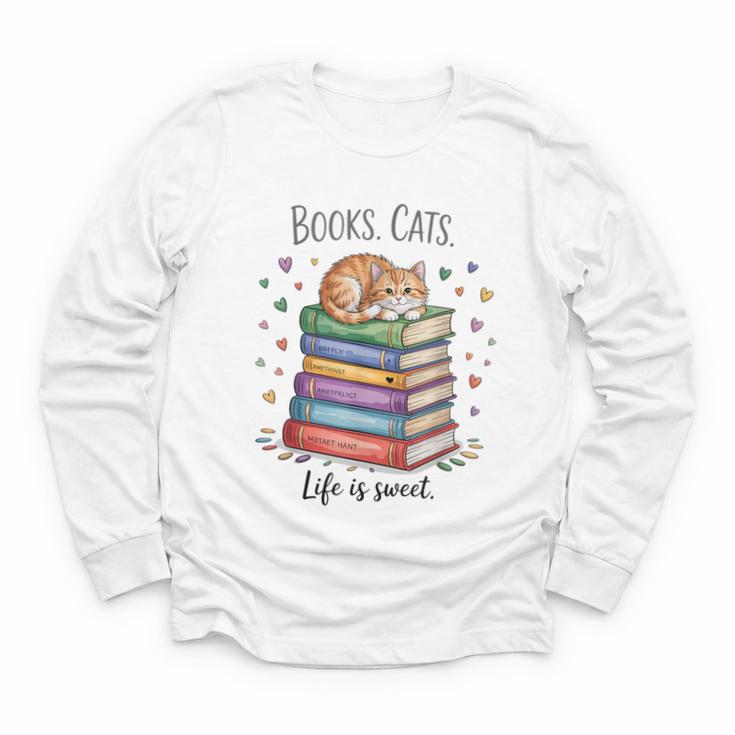Cats Books Lover Men Women Youth Long Sleeve Tee