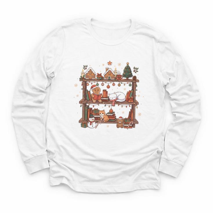 Christmas Cats Bookshelf Gingerbread Youth Long Sleeve Tee