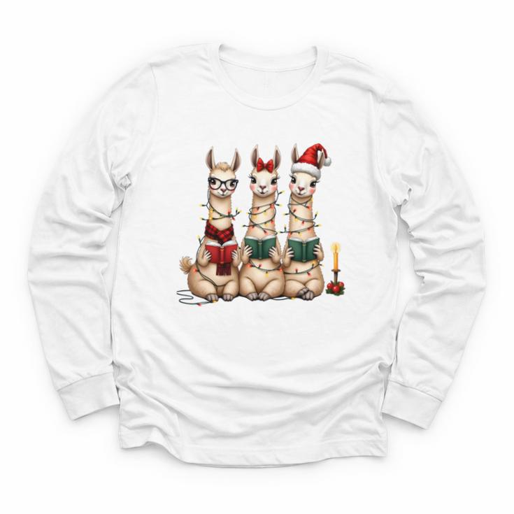 Christmas Three Llamas Reading Reading Books Llama Lover Youth Long Sleeve Tee