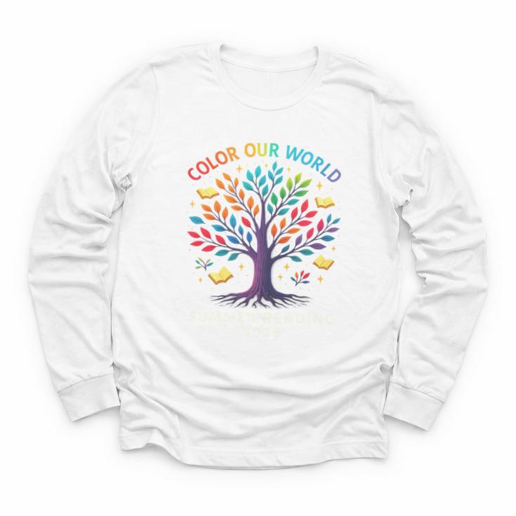 Color Our World Summer Reading Program 2025 Trippy Book Tree Youth Long Sleeve Tee