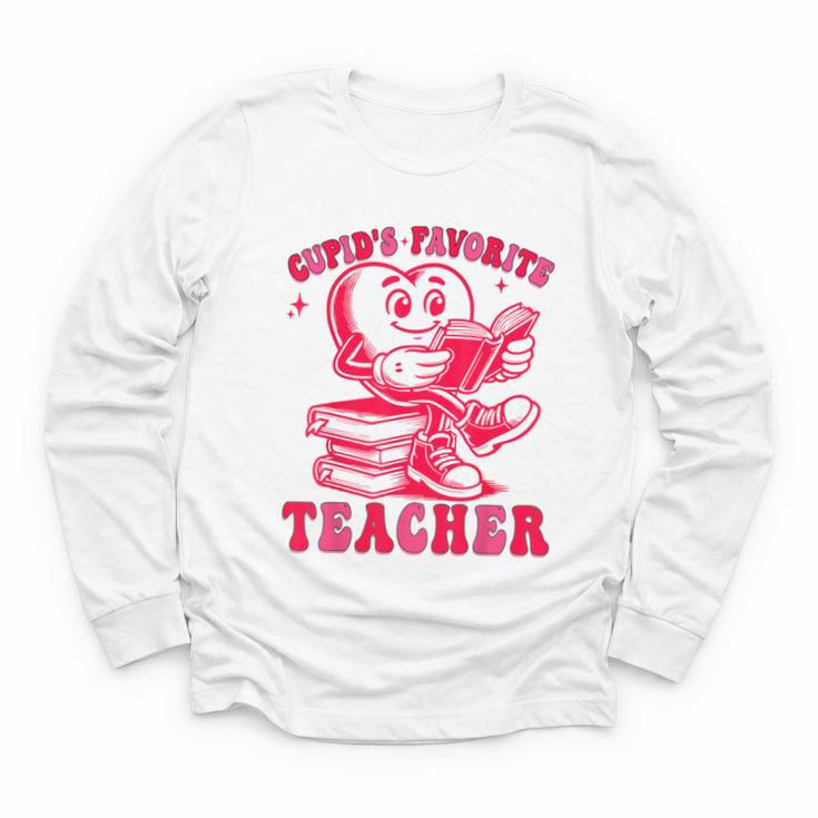 Cupid's Favorite Teacher Valentines Day Heart Book Lover Youth Long Sleeve Tee