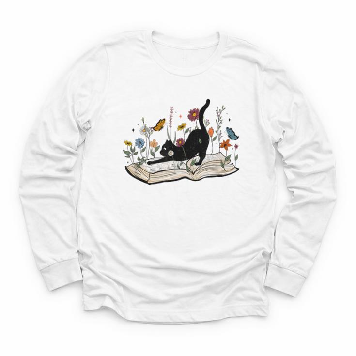 Cute Cat Flower Garden Book Kitty Reading Floral Men Women Girls Kids Youth Long Sleeve Tee