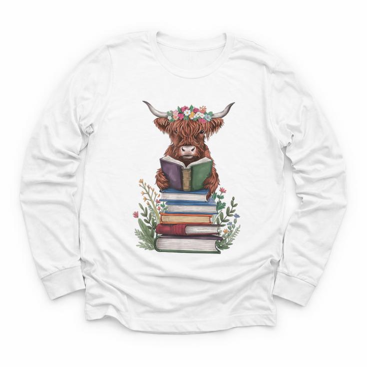 Cute Highland Cow With Book Floral Bookworm Librarian Book Youth Long Sleeve Tee