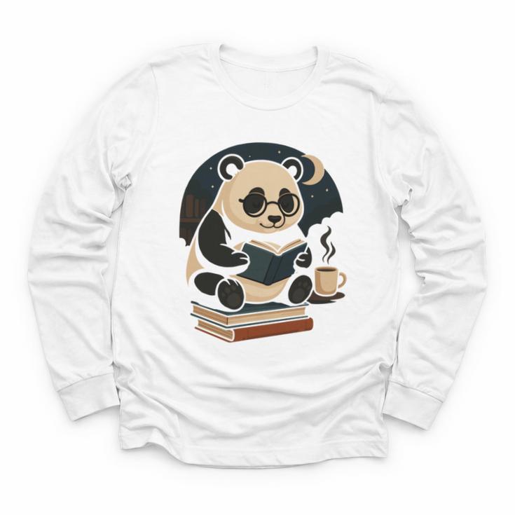 Cute Panda Reading Book Under Moon Bookworm Coffee Lover Youth Long Sleeve Tee