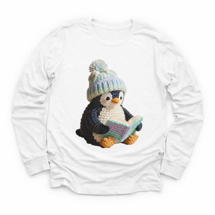 Cute Penguin Reading Book Faux-Crochet Print Youth Long Sleeve Tee
