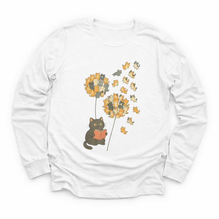 Cute Reading Cat With Kitten Dandelion Flowers Book Lover Youth Long Sleeve Tee