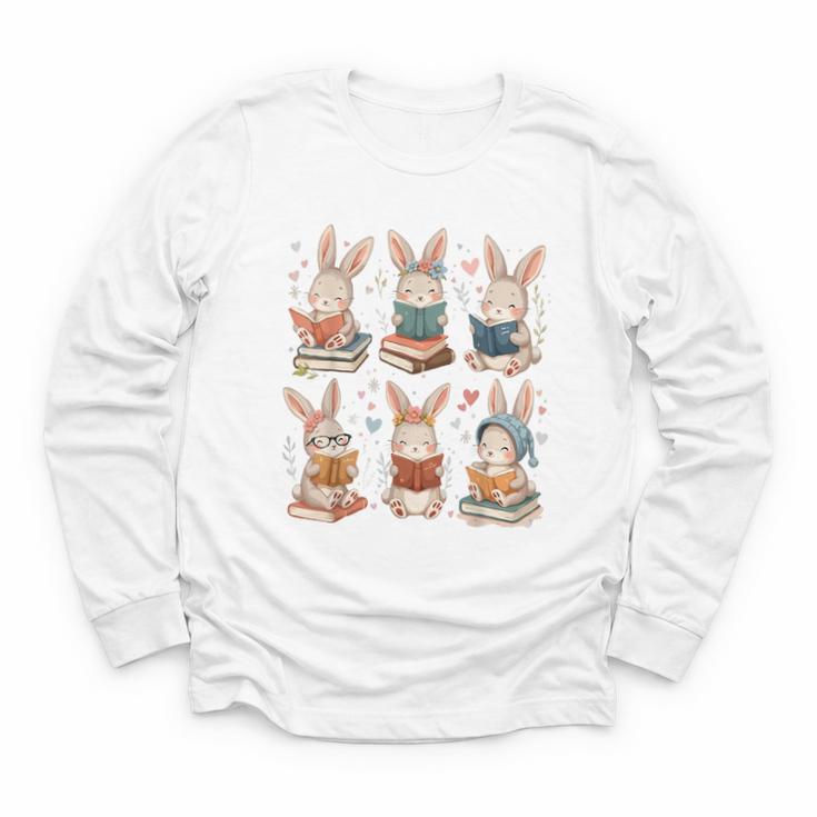 Cute Teacher Bunny Rabbit Reading Easter Bunnies Book Lovers Youth Long Sleeve Tee