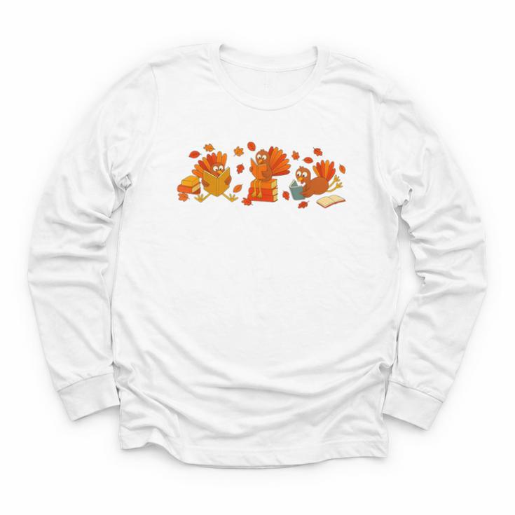 Cute Turkey Reading Book Librarian Bookworm Thanksgiving Men Youth Long Sleeve Tee