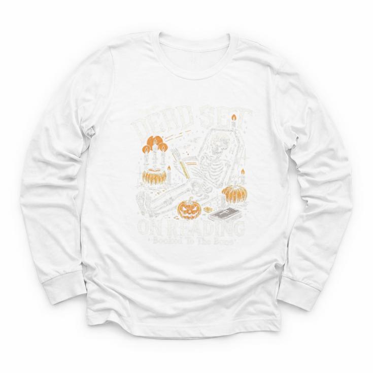 Dead Set On Reading Skeleton Halloween Book Lover Youth Long Sleeve Tee