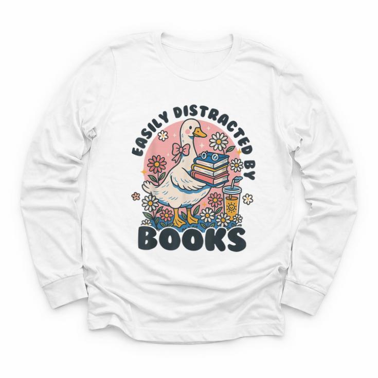 Easily Distracted By Books Read Goose Lover Bookworm Reading Youth Long Sleeve Tee