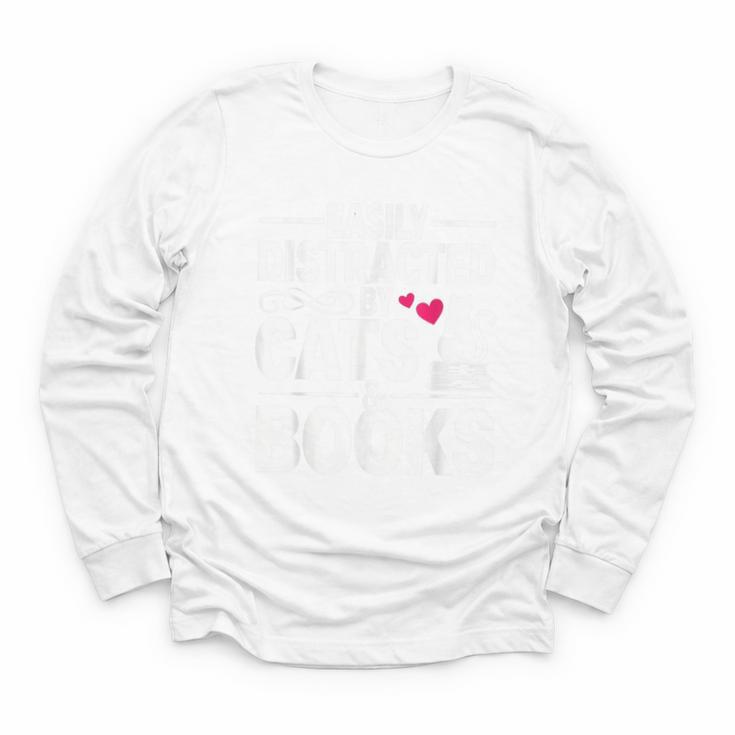 Easily Distracted By Cats And Books Cat & Book Lover Youth Long Sleeve Tee