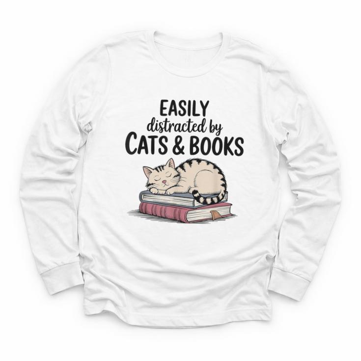 Easily Distracted By Cats And Books Cute Book Lover Youth Long Sleeve Tee
