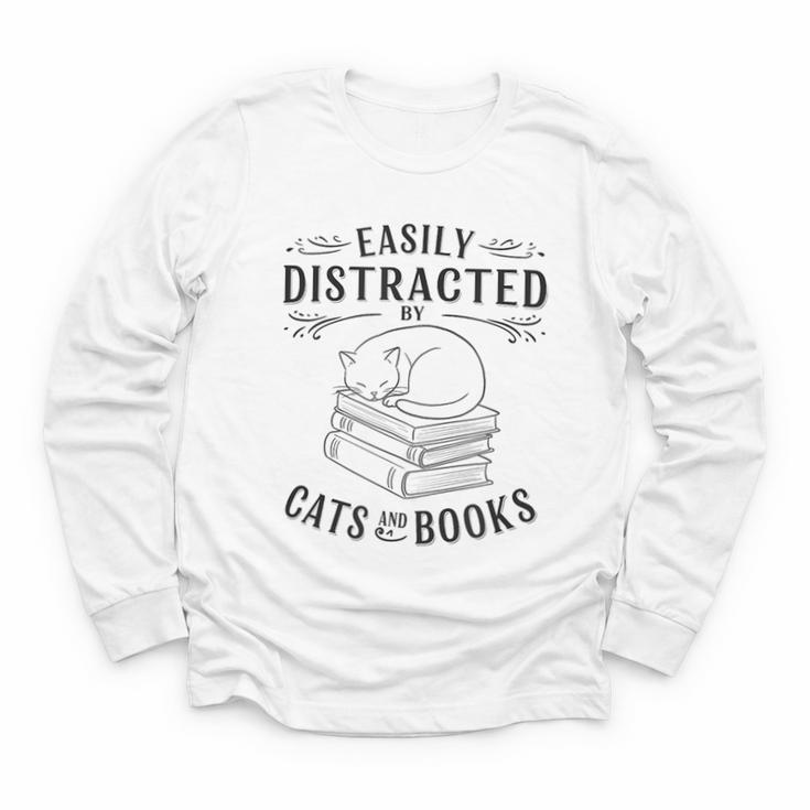 Easily Distracted By Cats And Books For Women Youth Long Sleeve Tee
