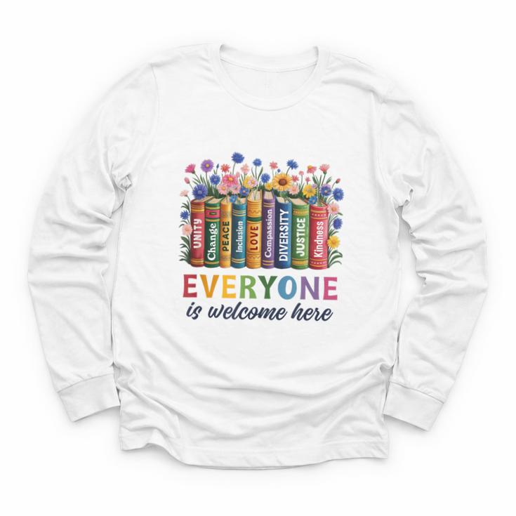 Everyone Is Welcome Here Floral Book LGBT Pride Equality Youth Long Sleeve Tee