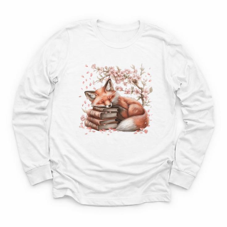 Fox And Book Lover Graphic For Women And Spring Pink Flower Youth Long Sleeve Tee